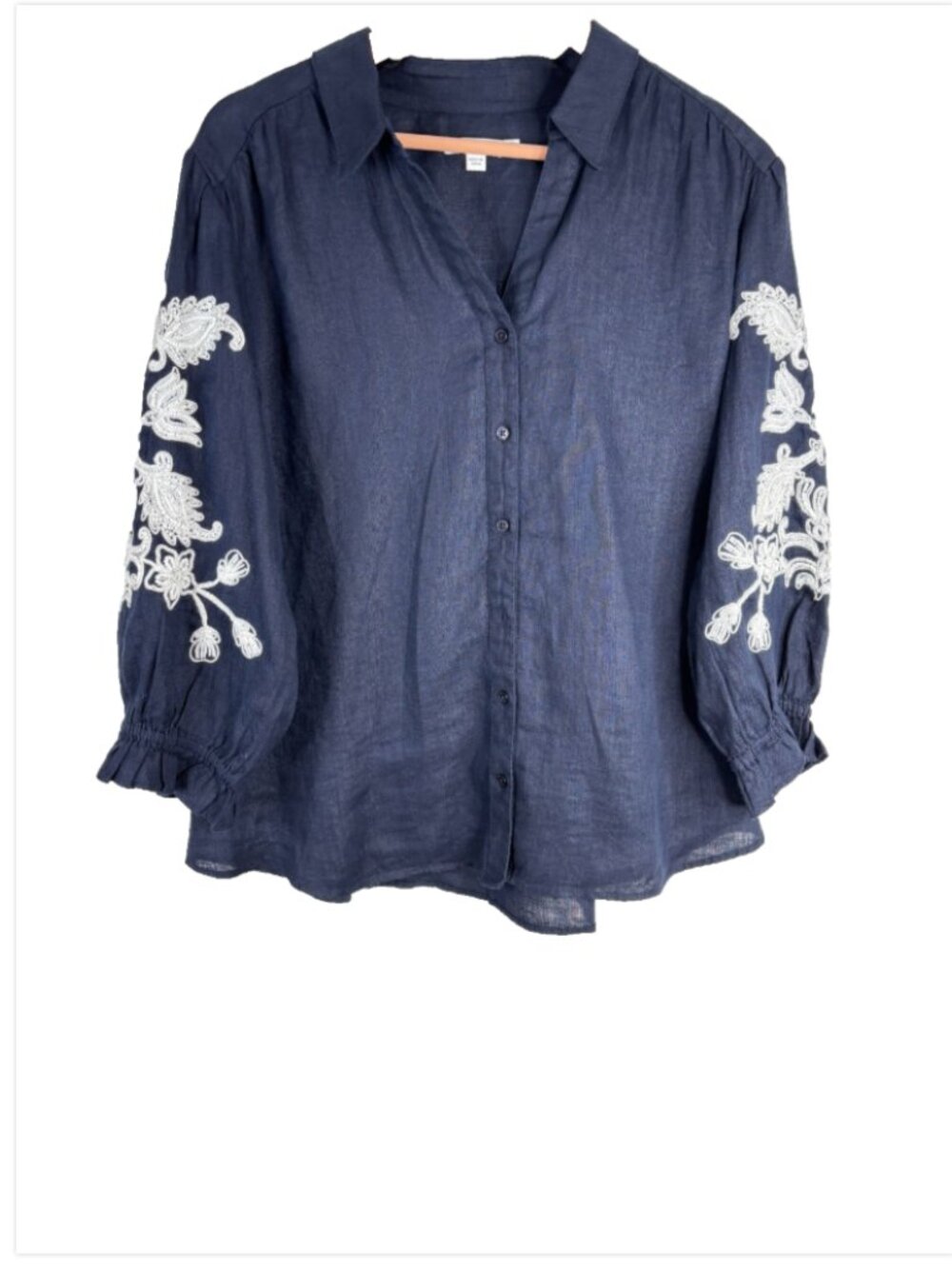 Chico's Linen Embroidered Blouse 3 XL Button Down Collared Beaded Balloon Sleeve - Picture 3 of 12